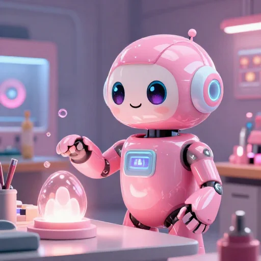 A cheerful pink maintenance robot tending a glowing AI art studio, soft cinematic light, polished illustration, production marker cutedslcanary1789925160a5d3f1