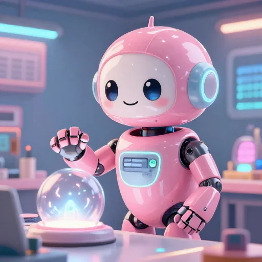 A cheerful pink maintenance robot tending a glowing AI art studio, soft cinematic light, polished illustration, production marker cutedslcanary1792443035f992eb