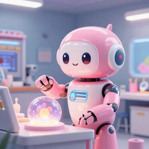 A cheerful pink maintenance robot tending a glowing AI art studio, soft cinematic light, polished illustration, production marker cutedslcanary179255225267a4cb