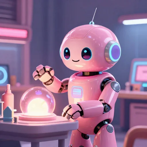 A cheerful pink maintenance robot tending a glowing AI art studio, soft cinematic light, polished illustration, production marker cutedslcanary17879850406aedd5