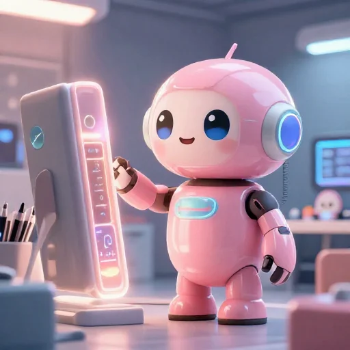 A cheerful pink maintenance robot tending a glowing AI art studio, soft cinematic light, polished illustration, production marker cutedslcanary1789273434382e29