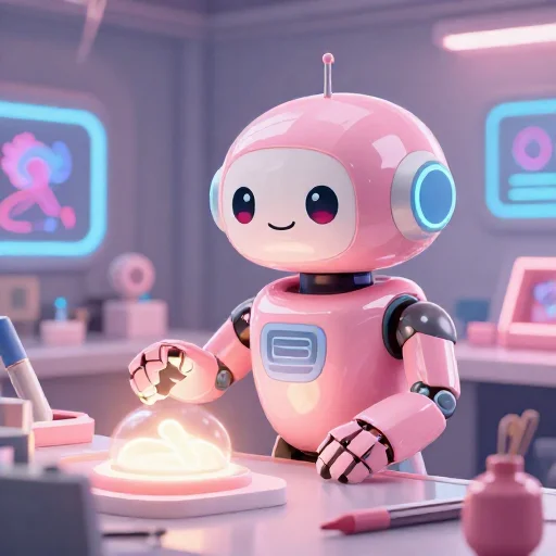 A cheerful pink maintenance robot tending a glowing AI art studio, soft cinematic light, polished illustration, production marker cutedslcanary17918550493944a4