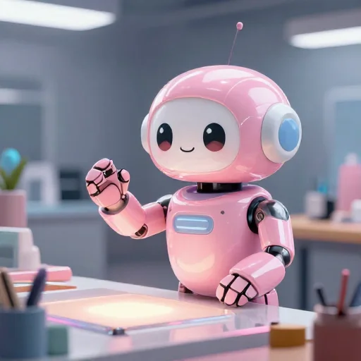 A cheerful pink maintenance robot tending a glowing AI art studio, soft cinematic light, polished illustration, production marker cutedslrepair1787657955