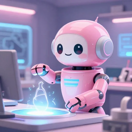 A cheerful pink maintenance robot tending a glowing AI art studio, soft cinematic light, polished illustration, production marker cutedslcanary178791976053da76