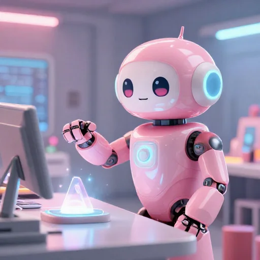 A cheerful pink maintenance robot tending a glowing AI art studio, soft cinematic light, polished illustration, production marker cutedslcanary178770182905c039