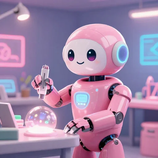 A cheerful pink maintenance robot tending a glowing AI art studio, soft cinematic light, polished illustration, production marker cutedslcanary1787166914bd37a9