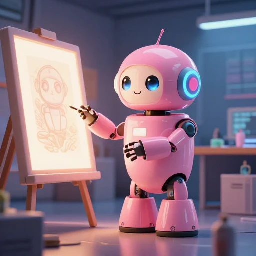 A cheerful pink maintenance robot tending a glowing AI art studio, soft cinematic light, polished illustration, production marker cutedslcanary17859774877cb4b6