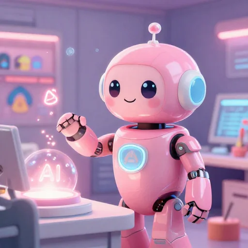 A cheerful pink maintenance robot tending a glowing AI art studio, soft cinematic light, polished illustration, production marker cutedslcanary1791286584ca94bd
