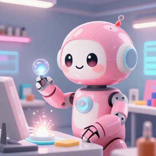 A cheerful pink maintenance robot tending a glowing AI art studio, soft cinematic light, polished illustration, production marker cutedslcanary178892281569833a