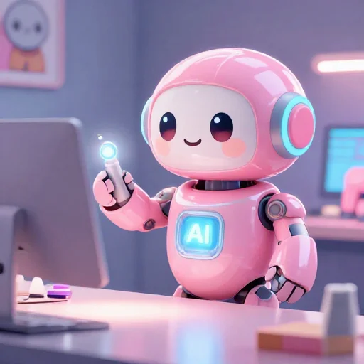 A cheerful pink maintenance robot tending a glowing AI art studio, soft cinematic light, polished illustration, production marker cutedslcanary1788551665ecbab0