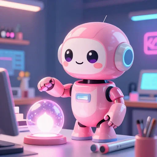 A cheerful pink maintenance robot tending a glowing AI art studio, soft cinematic light, polished illustration, production marker cutedslcanary17897310161f46de