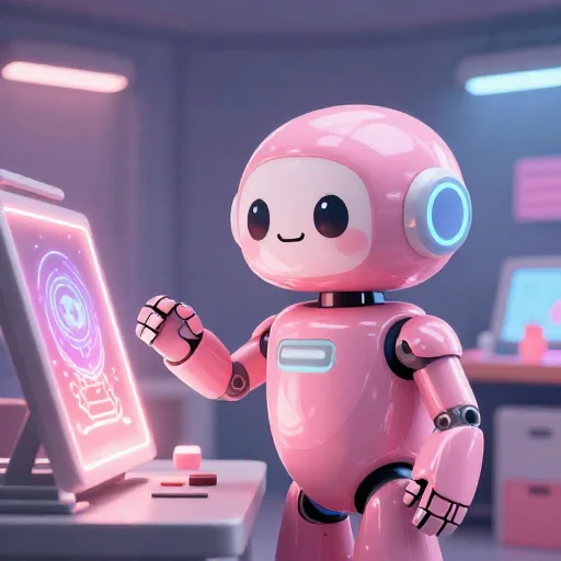A cheerful pink maintenance robot tending a glowing AI art studio, soft cinematic light, polished illustration, production marker cutedslcanary1789881702f093c0