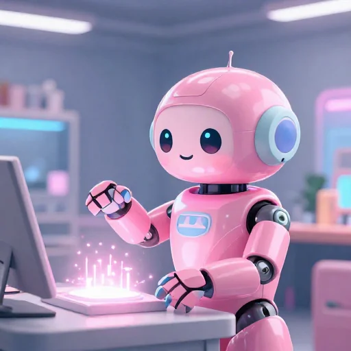 A cheerful pink maintenance robot tending a glowing AI art studio, soft cinematic light, polished illustration, production marker cutedslcanary1787609516b908b0