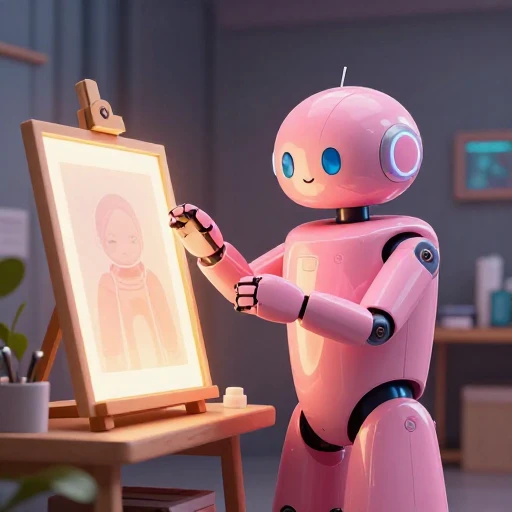 A cheerful pink maintenance robot tending a glowing AI art studio, soft cinematic light, polished illustration, production marker cutedslcanary1786138099358576
