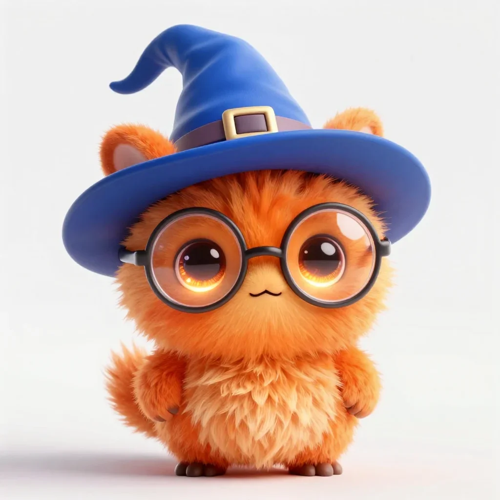ultra-realistic ultra-detailed adorable fluffy bioluminiscent creature, orange fur, beautiful light big eyes, big round glasses, blue witch hat, tiny mouth, 🍋 , clean white background, DOF, soft lighting, octane rendering, unreal engine render, ultra detailed cinematic

Created with https://cutedsl.cc/gallery