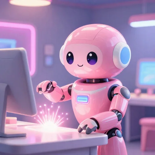 A cheerful pink maintenance robot tending a glowing AI art studio, soft cinematic light, polished illustration, production marker cutedslcanary1787680003da775c
