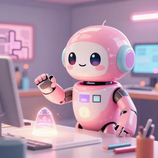 A cheerful pink maintenance robot tending a glowing AI art studio, soft cinematic light, polished illustration, production marker cutedslcanary1788835897192db3