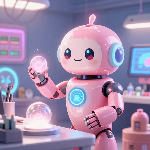 A cheerful pink maintenance robot tending a glowing AI art studio, soft cinematic light, polished illustration, production marker cutedslcanary1791636626a6868a