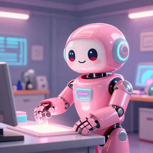 A cheerful pink maintenance robot tending a glowing AI art studio, soft cinematic light, polished illustration, production marker cutedslcanary178970913788a710