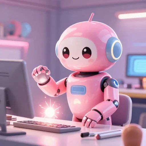 A cheerful pink maintenance robot tending a glowing AI art studio, soft cinematic light, polished illustration, production marker cutedslcanary17865830695052d5