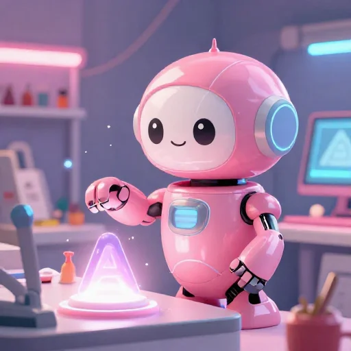 A cheerful pink maintenance robot tending a glowing AI art studio, soft cinematic light, polished illustration, production marker cutedslcanary17910028468ba16d