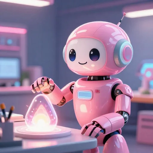 A cheerful pink maintenance robot tending a glowing AI art studio, soft cinematic light, polished illustration, production marker cutedslcanary1790055578508b33