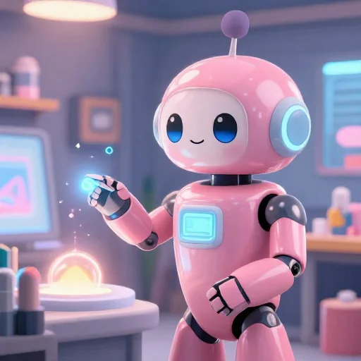 A cheerful pink maintenance robot tending a glowing AI art studio, soft cinematic light, polished illustration, production marker cutedslcanary1786234663dfcc60