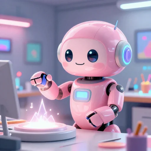 A cheerful pink maintenance robot tending a glowing AI art studio, soft cinematic light, polished illustration, production marker cutedslcanary17892060532d60ca