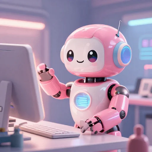 A cheerful pink maintenance robot tending a glowing AI art studio, soft cinematic light, polished illustration, production marker cutedslcanary1789534759fb706f