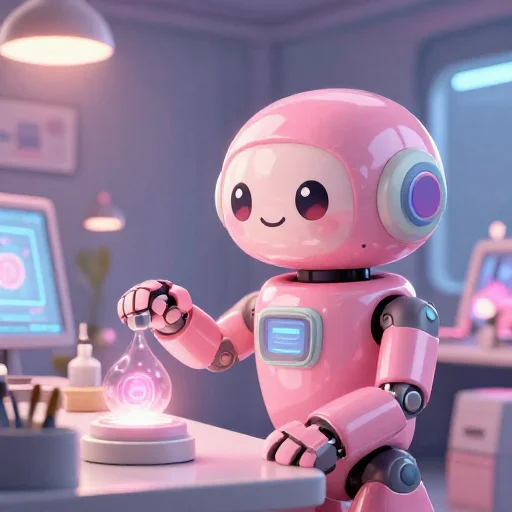 A cheerful pink maintenance robot tending a glowing AI art studio, soft cinematic light, polished illustration, production marker cutedslcanary1792137661fd1669