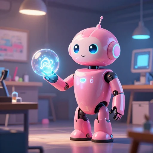 A cheerful pink maintenance robot tending a glowing AI art studio, soft cinematic light, polished illustration, production marker cutedslcanary1786091803a7dde7