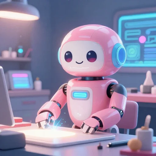 A cheerful pink maintenance robot tending a glowing AI art studio, soft cinematic light, polished illustration, production marker cutedslcanary17884862432521bc