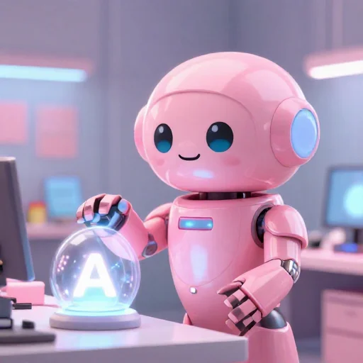 A cheerful pink maintenance robot tending a glowing AI art studio, soft cinematic light, polished illustration, production marker cutedslcanary17868201933977b2