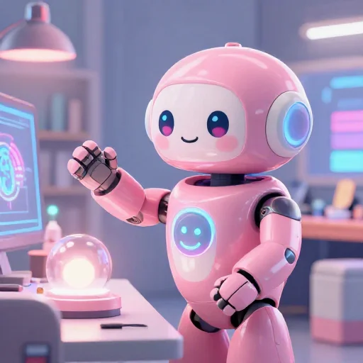 A cheerful pink maintenance robot tending a glowing AI art studio, soft cinematic light, polished illustration, production marker cutedslcanary17881373098adc9a