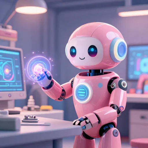 A cheerful pink maintenance robot tending a glowing AI art studio, soft cinematic light, polished illustration, production marker cutedslcanary17923776369609cd