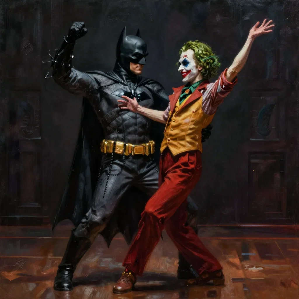 Batman and Joker dance together，atmospheric lighting, masterpiece, award winning painting by Emmanuel Lubezki

Created with https://cutedsl.cc/gallery