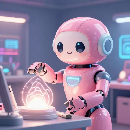 A cheerful pink maintenance robot tending a glowing AI art studio, soft cinematic light, polished illustration, production marker cutedslcanary1792595755420712