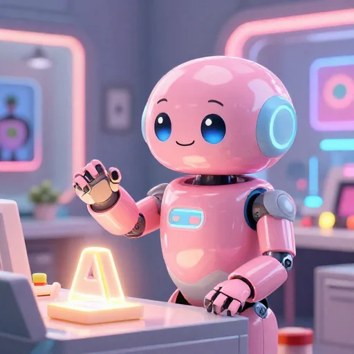 A cheerful pink maintenance robot tending a glowing AI art studio, soft cinematic light, polished illustration, production marker cutedslcanary179263953559a02b