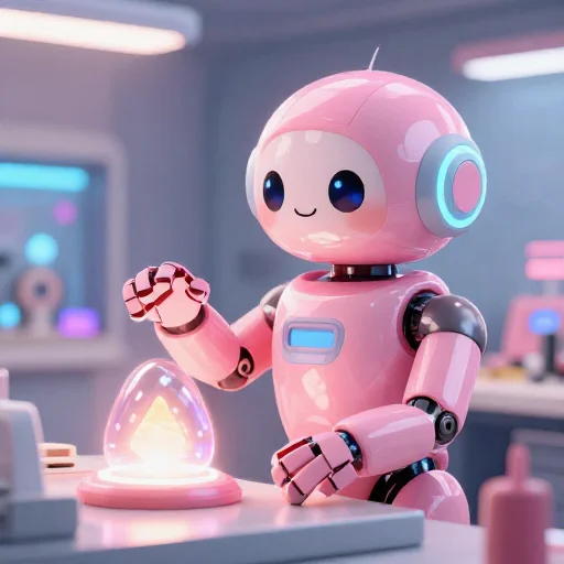 A cheerful pink maintenance robot tending a glowing AI art studio, soft cinematic light, polished illustration, production marker cutedslcanary1786606784fc32bf