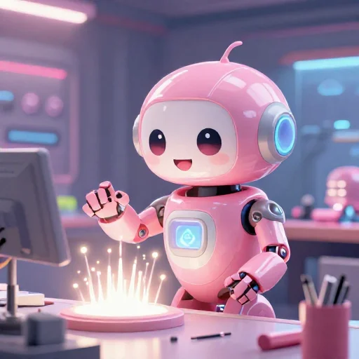 A cheerful pink maintenance robot tending a glowing AI art studio, soft cinematic light, polished illustration, production marker cutedslcanary1786464022977a3e