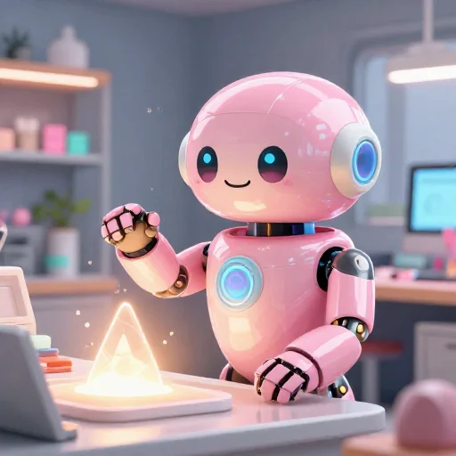 A cheerful pink maintenance robot tending a glowing AI art studio, soft cinematic light, polished illustration, production marker cutedslcanary178959988097ae8b