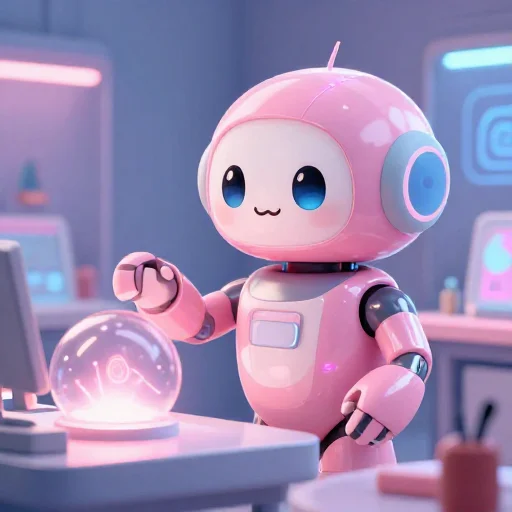 A cheerful pink maintenance robot tending a glowing AI art studio, soft cinematic light, polished illustration, production marker cutedslcanary1791723946cb484f
