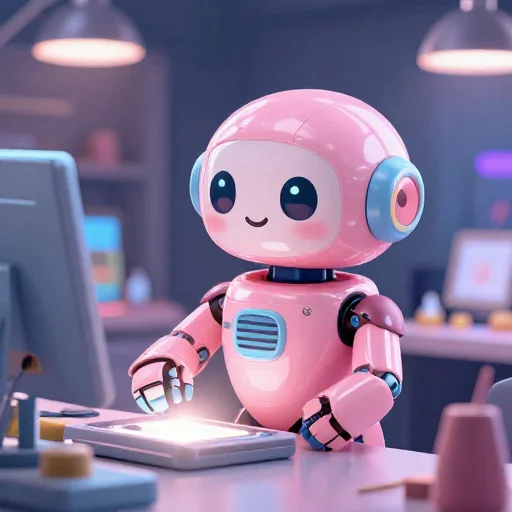 A cheerful pink maintenance robot tending a glowing AI art studio, soft cinematic light, polished illustration, production marker cutedslcanary1790740714aa7ed4