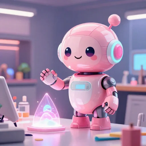 A cheerful pink maintenance robot tending a glowing AI art studio, soft cinematic light, polished illustration, production marker cutedslcanary1790100937b8ad9d