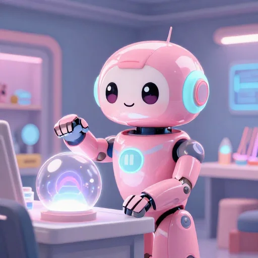 A cheerful pink maintenance robot tending a glowing AI art studio, soft cinematic light, polished illustration, production marker cutedslcanary17906097569a4f95