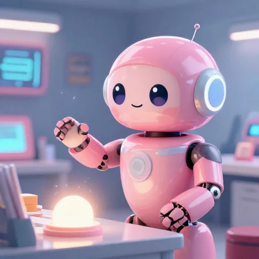 A cheerful pink maintenance robot tending a glowing AI art studio, soft cinematic light, polished illustration, production marker cutedslcanary1790784446d18689