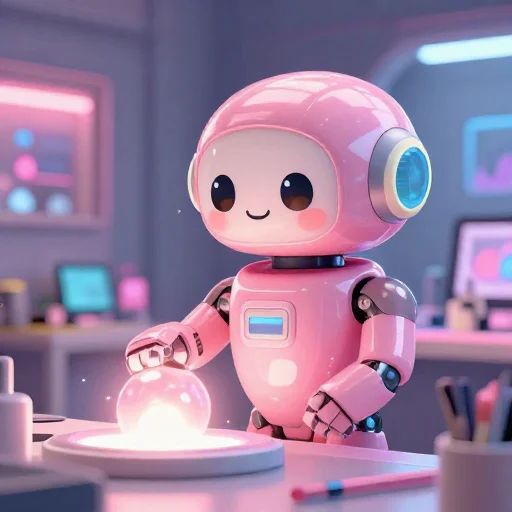 A cheerful pink maintenance robot tending a glowing AI art studio, soft cinematic light, polished illustration, production marker cutedslcanary17900780800b6adb