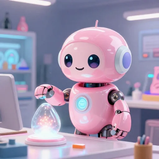 A cheerful pink maintenance robot tending a glowing AI art studio, soft cinematic light, polished illustration, production marker cutedslcanary17892951118d0585