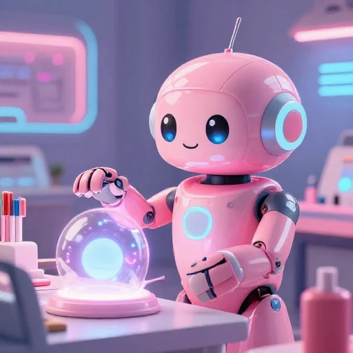 A cheerful pink maintenance robot tending a glowing AI art studio, soft cinematic light, polished illustration, production marker cutedslcanary1788660305842040