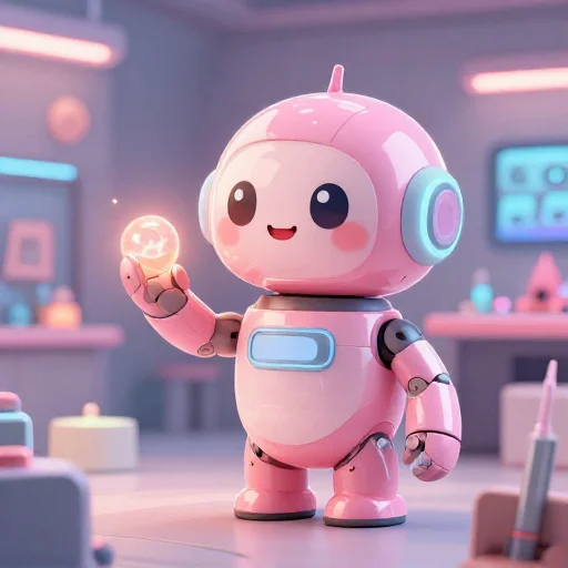 A cheerful pink maintenance robot tending a glowing AI art studio, soft cinematic light, polished illustration, production marker cutedslcanary1786693250865bfa